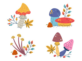 Naklejka na ściany i meble Mushroom forest autumn nature isolated set. Vector graphic design illustration 