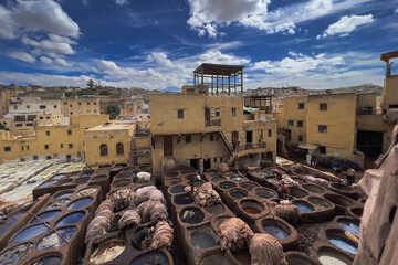 Men working at Chouara tannery in the old town of Fez