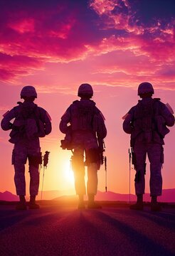 Military (Army, Marines, Navy, Air Force) Veterans. Soldiers at sunset silhouettes computer image with no reference photos used. 