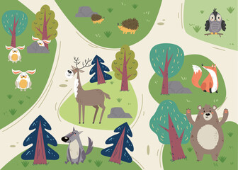 Animal forest park plan map safari abstract concept. Vector graphic design illustration