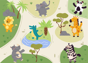 Jungle africa safari animal park plan map abstract concept. Vector graphic design illustration