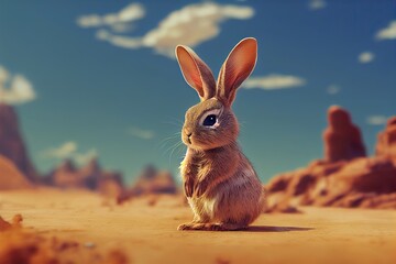 Modern 3D rendered computer-generated image of a desert hare in a Southwestern US/Arizona setting. Made to look like realistic modern animation on a bright and sunny day in the Saguaro desert