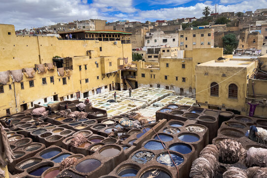 Men working at Chouara tannery in the old town of Fez