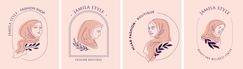 Women in hijab collection, vector logo and branding design templates in minimal style, for beauty center, fashion studio, haircut salon and cosmetics - female portrait, beautiful woman's face
