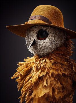 A 3D scarecrow overlooking the field during the autumn harvest. Photorealistic 3D rendered computer generated image made to look like a realistic scarecrow character design