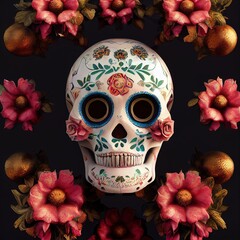 3D Rendered Calavera (Sugar Skull) in a traditional style for Dia de Los Muertos (Day of the dead). Flowers and skeleton computer generated to replicate photorealism and hyperrealism