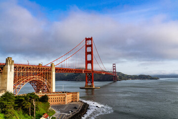 Golden Gate Bridge in california USA. With fort in the sunrise and sunset with the Pacific Ocean view