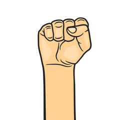 Vector Cartoon Clenched Raised Fist, Symbol of Protest, Revolution, Fight for Rights and Against Discrimination. Fist with Outline in Retro Vintage Comic Pop Art Style Closeup Isolated. Front View