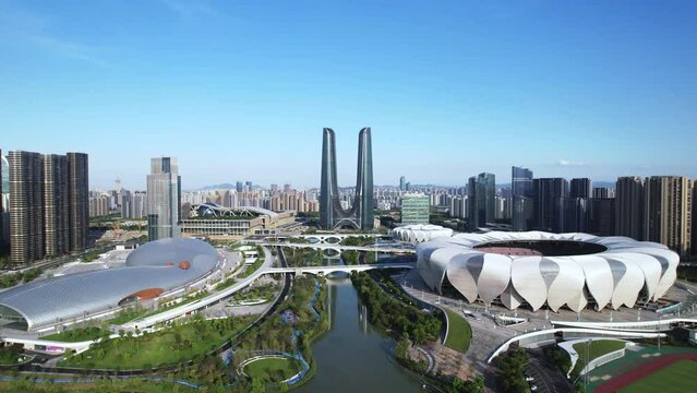 city skyline and landmark buildings in hangzhou binjiang in blue sky