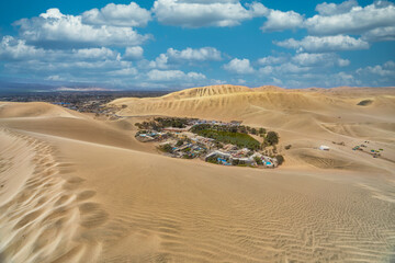 Wide angle view of the desert oasis of Huacachina in Peru.