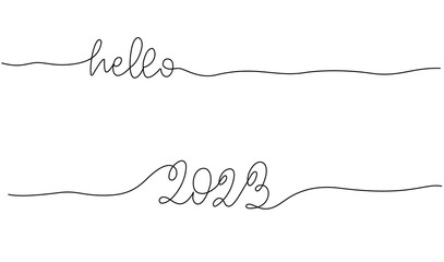 Happy new year 2023 logo text design. 2023 year number one continuous line drawing. Vector illustration with black lines isolated on white background