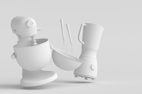 Mixer and bowl with kitchen utensil for preparation of dough on monochrome