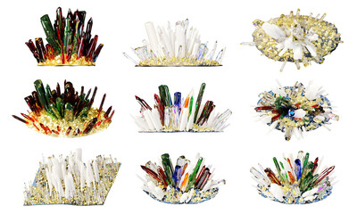 Set of realistic 3D gemstone crystals. Colorful fantasy crystals concepts. Geological 3D illustration with isolated elements and transparency. Beautiful 3D art