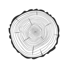 Tree trunk rings in doodle style. Dendrochronology method to determine tree age. Wooden texture hand drawn stamp isolated on white background. Vector graphic illustration