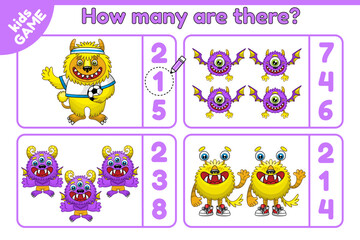 Counting game for children. Mathematical game How many objects. Cartoon cute monsters. Vector illustration.