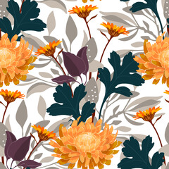 Vector floral seamless pattern. Yellow chrysanthemums on a white background.