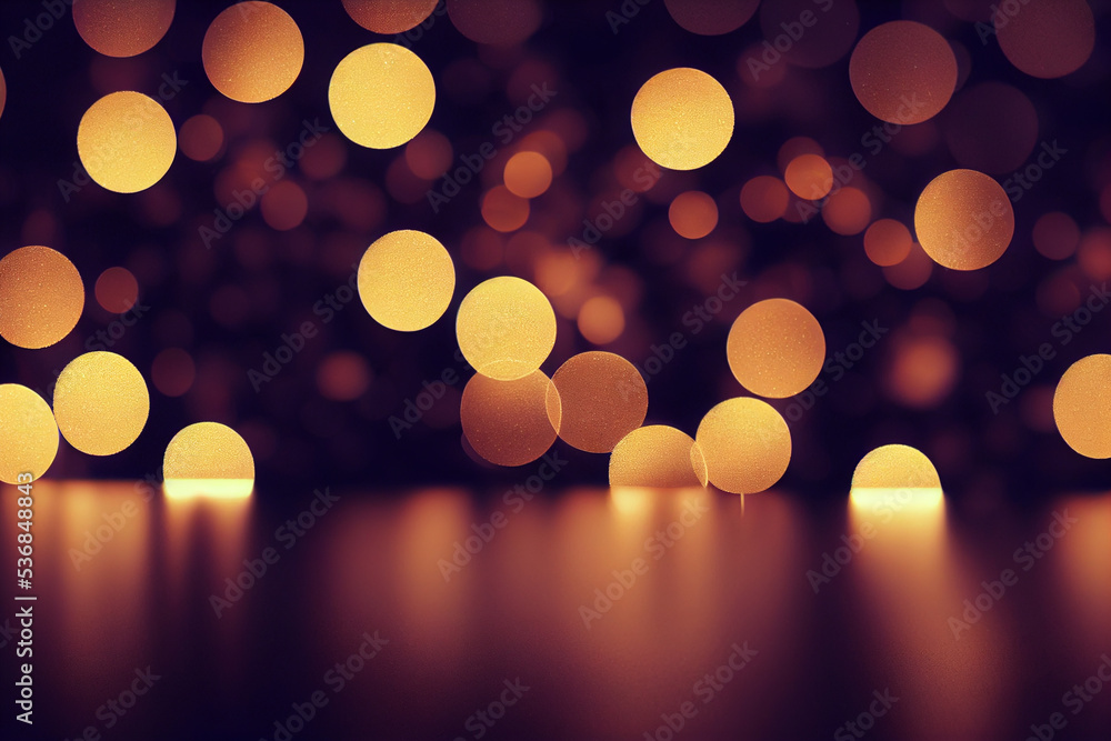 Poster abstract golden glittering in the dark background with blurred bokeh lights backdrop