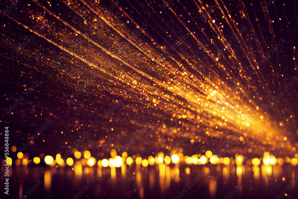 Poster abstract golden glittering in the dark background with blurred bokeh lights backdrop