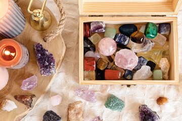 Healing reiki chakra crystals and open organizer. Gemstones for wellbeing, harmony, meditation,...