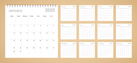 Simple wall calendar 2023 year with dotted lines. The calendar is in English, week start from Monday.