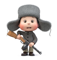 3d illustration little boy with a machine gun in his hands