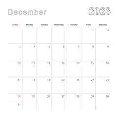 Simple wall calendar for December 2023 with dotted lines. The calendar is in English, week start from Sunday.