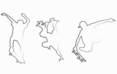 Obraz premium Skateboarders. Skaters. Three linears silhouettes of skateboarders. The shadows of the skaters. Skaters perform tricks. Stencils