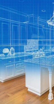 4k Vertical Custom Kitchen Blueprint Drawing Transitioning to Photograph.