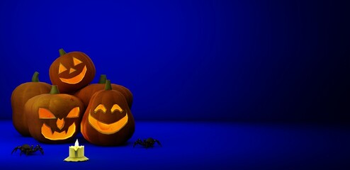 3D illustration, image of halloween pumpkins, spiders, candles, blue background, 3D rendering.