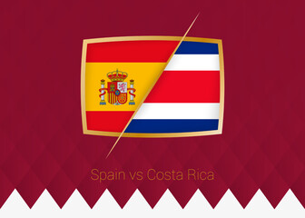 Naklejka premium Spain vs Costa Rica, group stage icon of football competition on burgundy background.