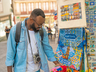 Young african american traveller man with cmera choosing the souvenirs at the typical souvenir...