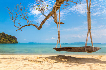 Empty swing at tropical beach