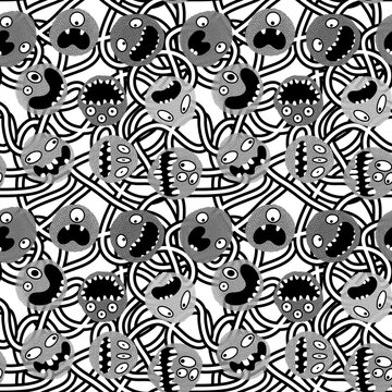 Monsters aliens cartoon seamless Halloween doodle pattern for wrapping paper and clothes print and kids