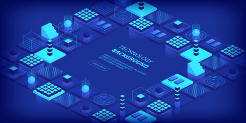 Technologies background concept. Abstract futuristic cubes design and different geometric shapes. Digital innovation and artificial intelligence. Blockchain tech. Vector illustration in isometric view