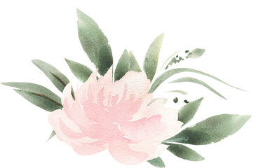 Watercolor Tropical Foliage, Flamingos, Pink Flowers, Peonies, Roses, Palm Leaves