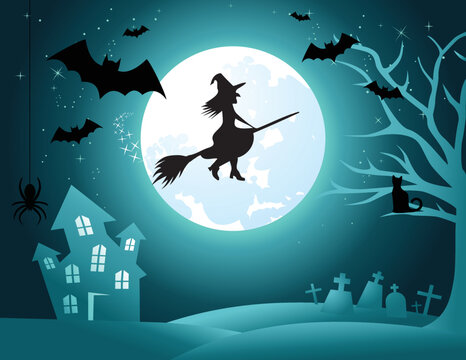 Halloween Background - Night scene witches on a broomstick