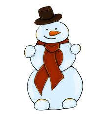 Snowman in a black hat and a red scarf, winter color illustration