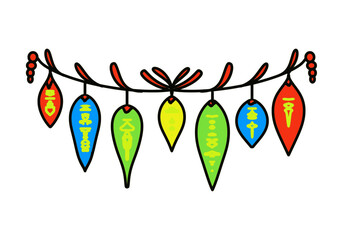 Garland with light bulbs on a thread, Christmas toys, color drawing, on a transparent background, for holiday decoration and printing