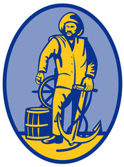 illustration of a Fisherman ship captain at the wheel with anchor standing front view