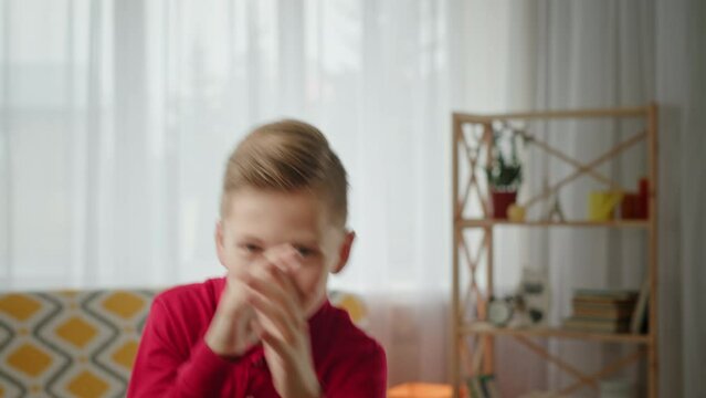 Happy boy smiling and teasing camera. Cheerful boy in red polo shirt smiling and thumbing nose while teasing camera in light living room at home.