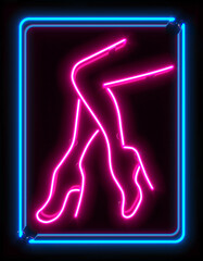 Retro neon sign female legs with pink and blue colours isolated over a black background. Trendy style. Neon sign. Custom neon. Home decor.
