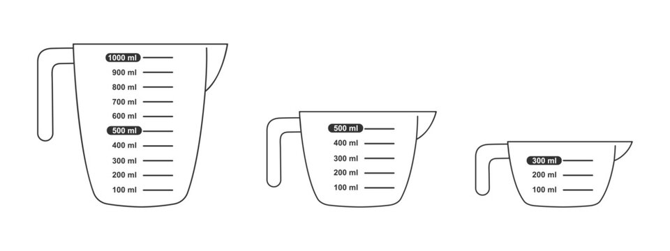 Vecteur Stock Set of measuring cups with 1 liter, 500 and 300 ml volume.  Liquid containers for cooking with fluid capacity scale. Vector graphic  illustration. | Adobe Stock