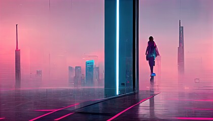 Concept art of a cyberpunk-inspired Sci-Fi City with futuristic-looking buildings extending to the horizon, a single figure, futuristic landscaping, and pink and blue tones.