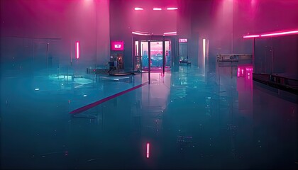 Concept art of a cyberpunk-inspired Sci-Fi City, with an empty studio atmosphere and pink and blue tones. - obrazy, fototapety, plakaty
