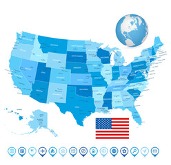 USA Blue color map and map icons