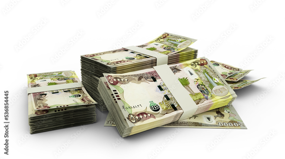 Poster 3d rendering of stacks of iraqi dinar notes isolated on white background