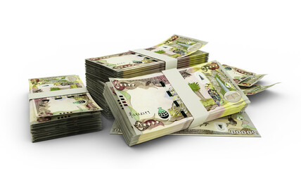 3D rendering of stacks of Iraqi dinar notes isolated on white background
