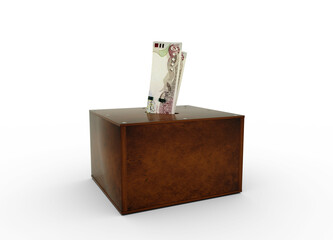 Iraqi dinar notes inside wooden savings box. Generic savings Bank, Penny Bank, Money Box. 3d rendering