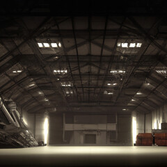 Digital illustration of space station rocket launch space shuttle cargo hanger. Concept design for poster artwork album art. Futuristic space themed design with dramatic lighting.