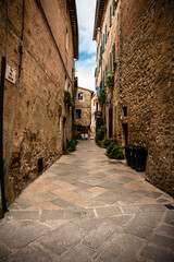 Fototapeta premium Italien, Pienza, Gasse, Stadt, Altstadt, Tourismus, Strasse, Gebäude, Weg, Toskana, Innenstadt, Fussgängerzone